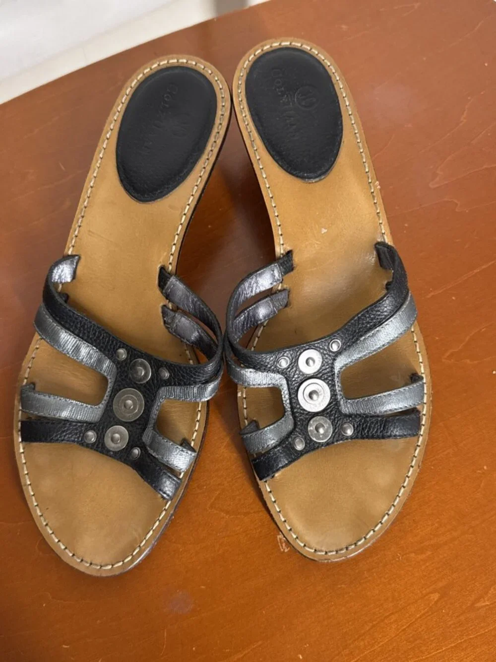 Cole Haan Women’s Size 9 B Leather Strappy Sandals Kitten Heel Black Silver